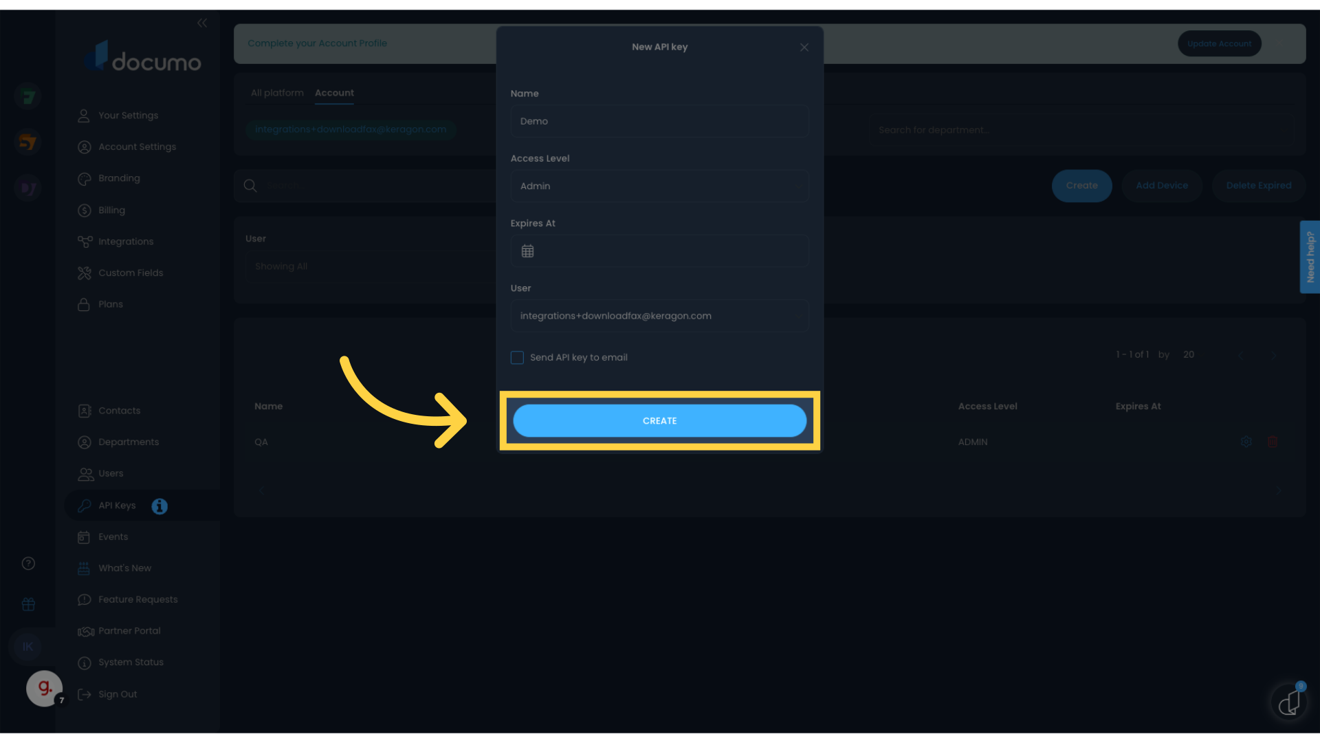 How to find your API Key in Documo – Keragon
