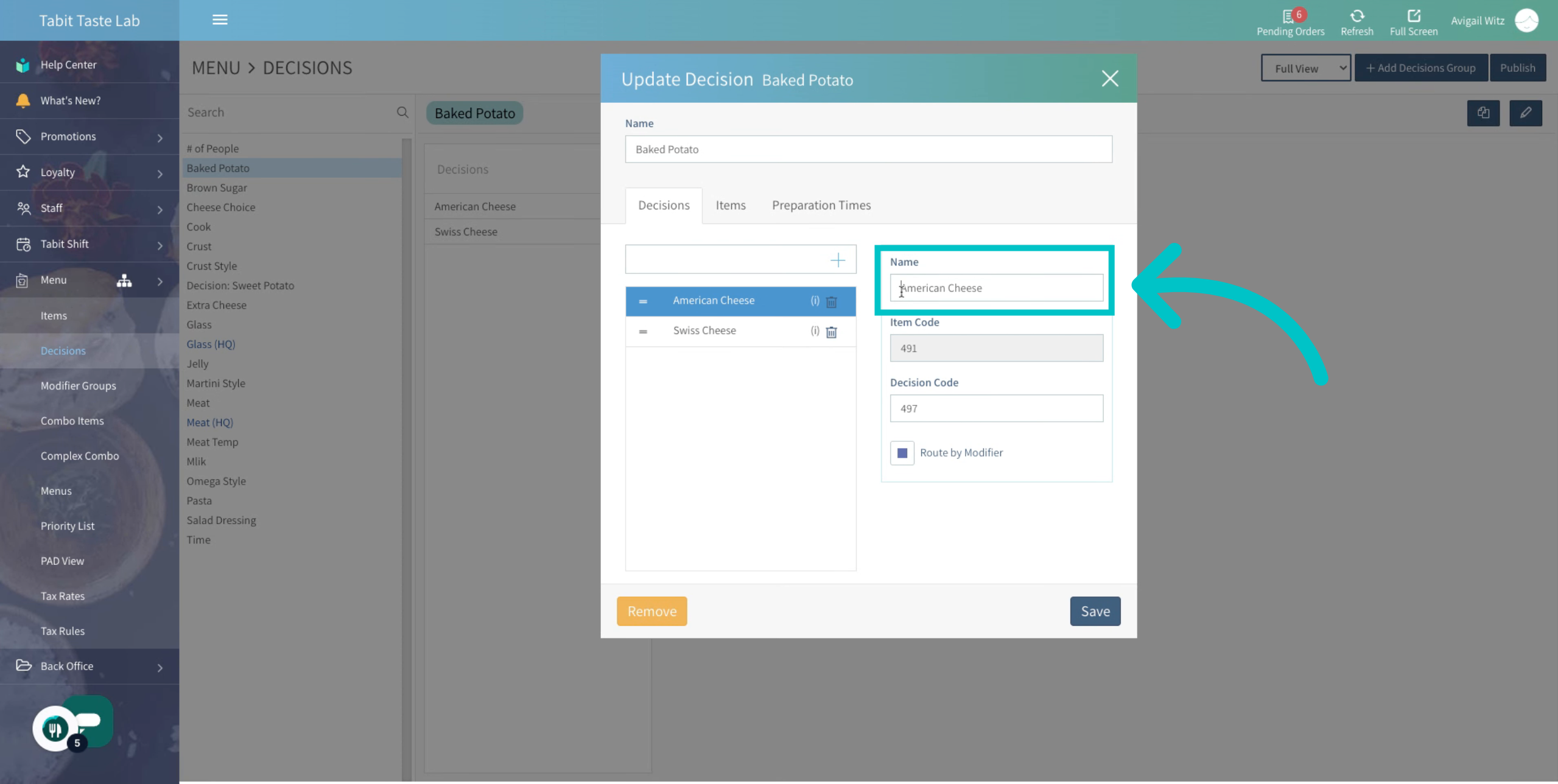 Editing a Decision name – Tabit Help Center