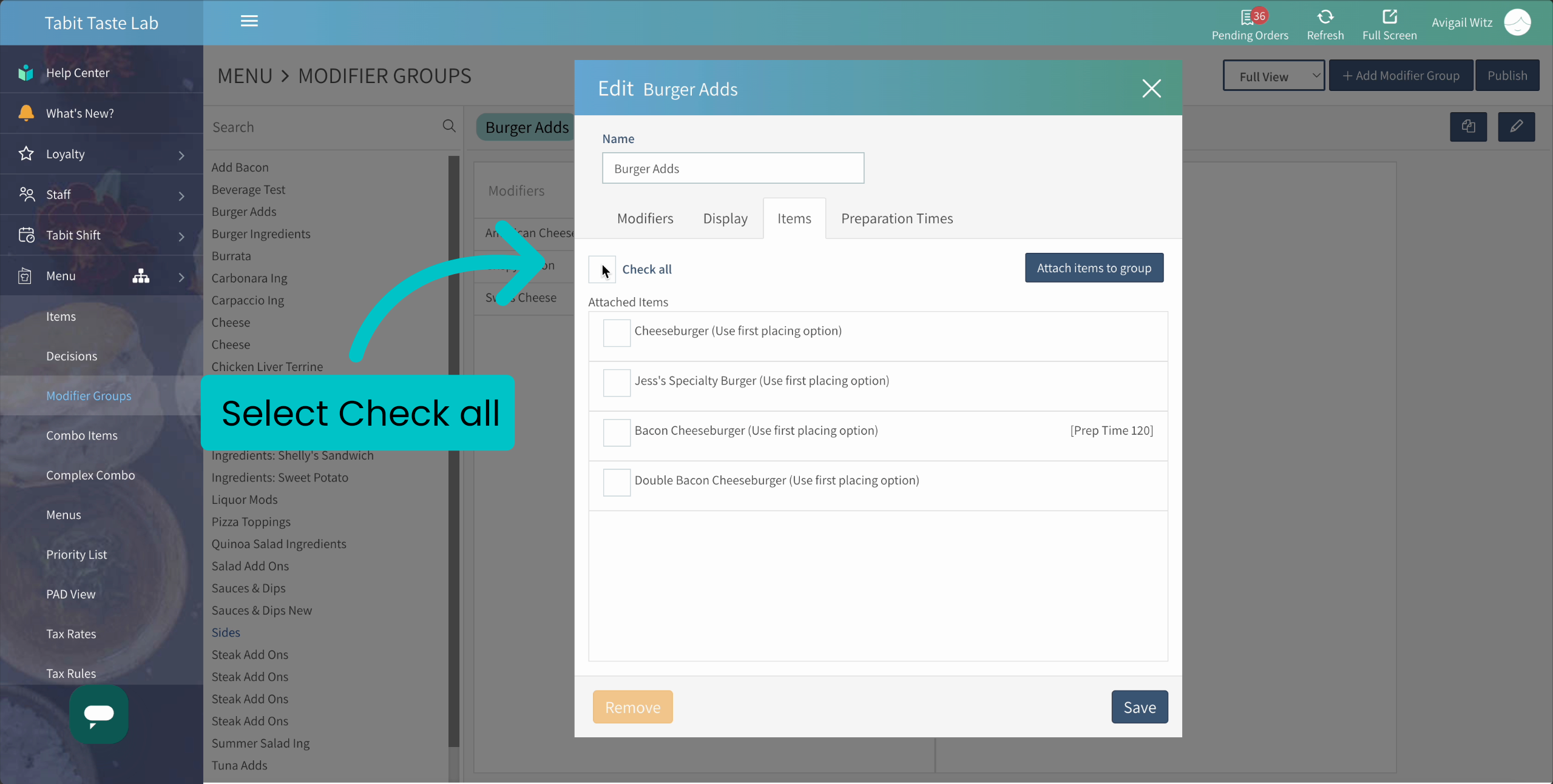Removing a Modifier Group from a Lead Item – Tabit Help Center
