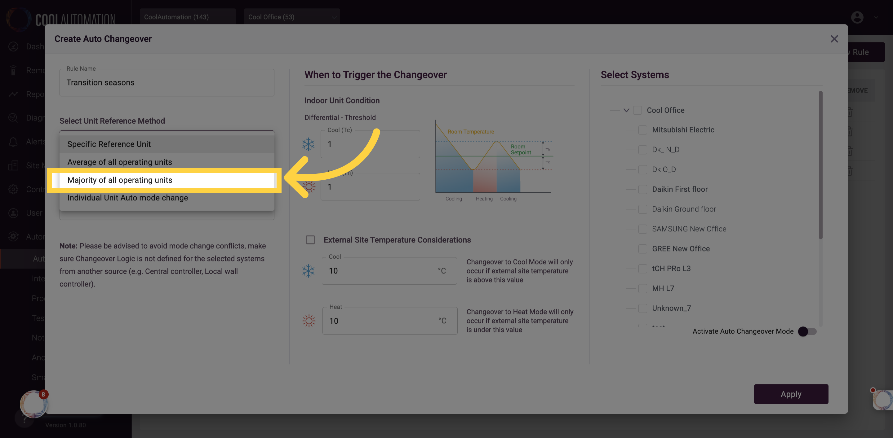 Setting up an Auto Changeover rule – CoolAutomation English