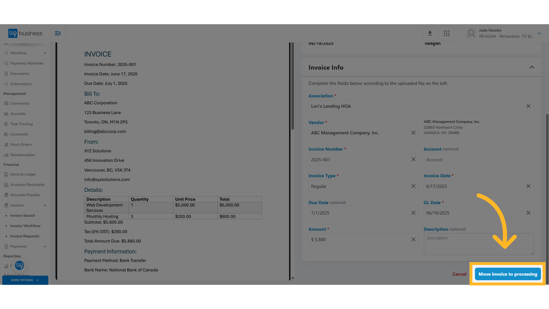 Timstown Invoice TownSq Business - Accounting - Uploading Invoices for Processing