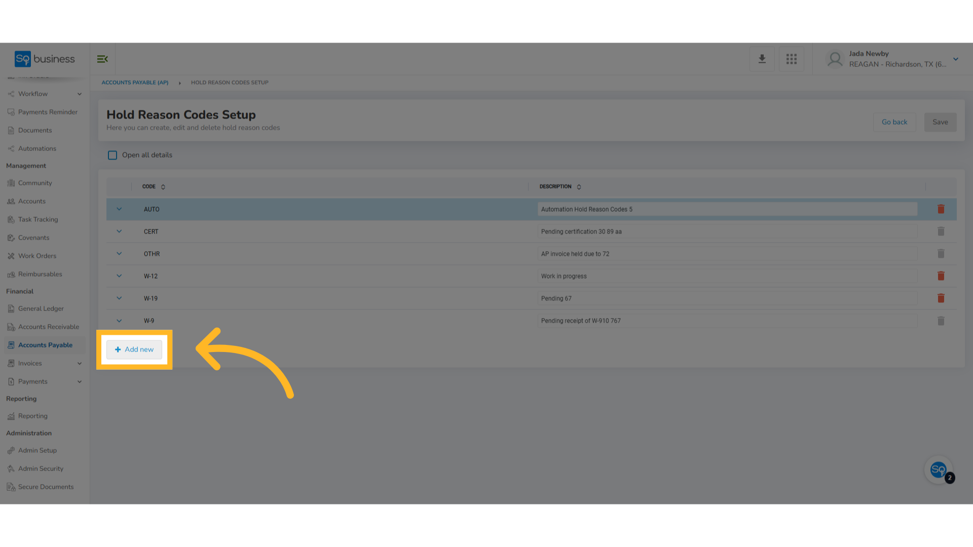 TownSq Business-Hold Reason Codes Setup