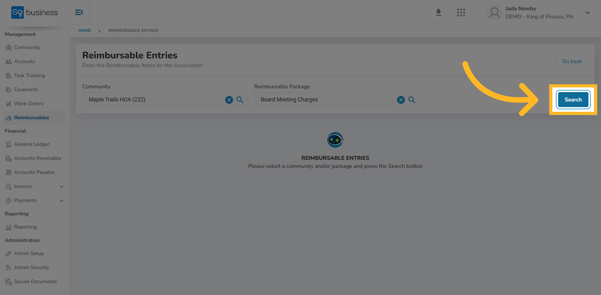 TownSq Business-How to Enter Reimbursable Packages