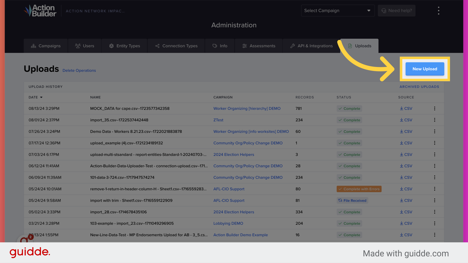 Delete Entity Uploads – Action Builder