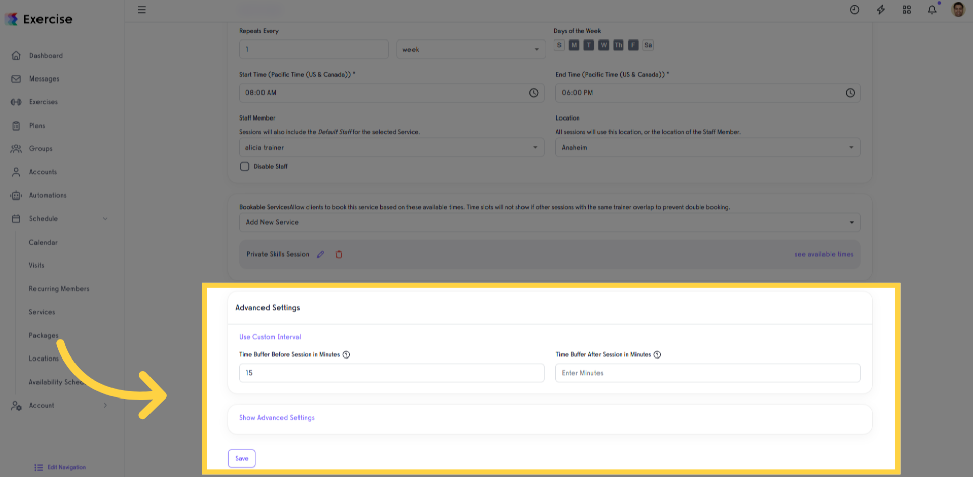 Adding Buffer to Availability Schedule | Exercise.com Knowledge Base