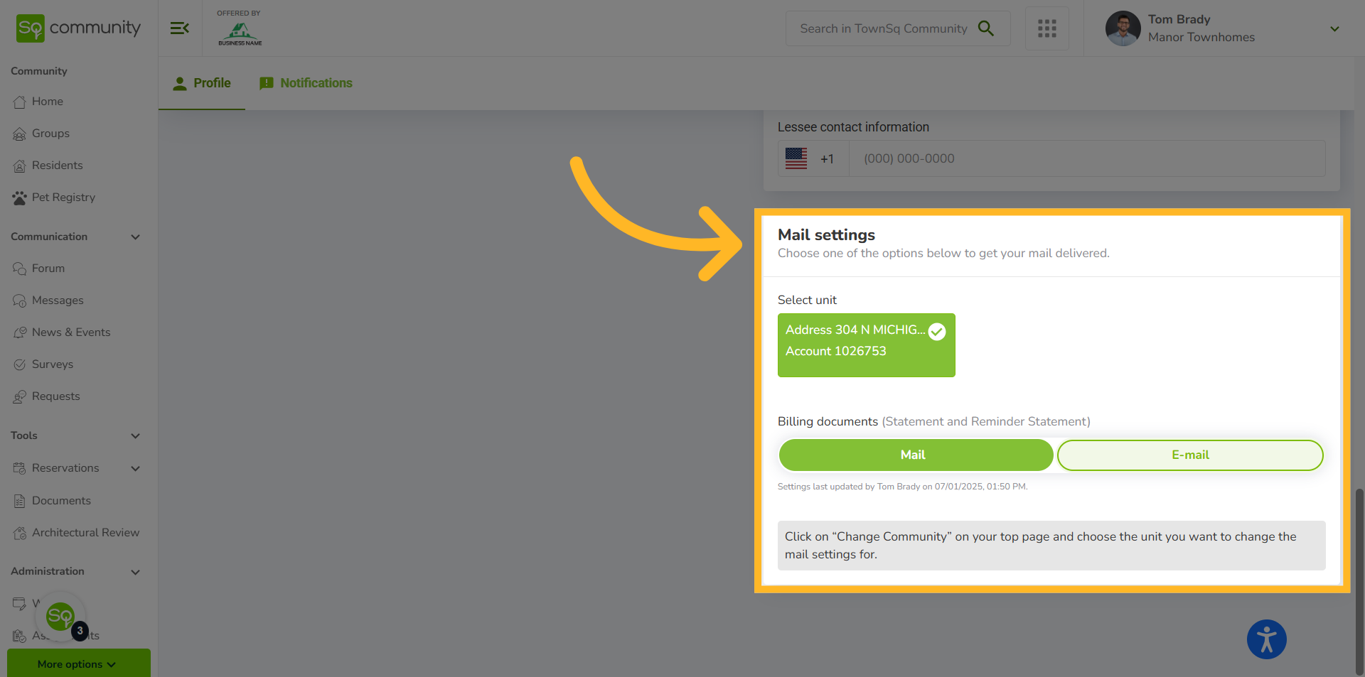TownSq Community - INK - (Owner) E-Statement Settings
